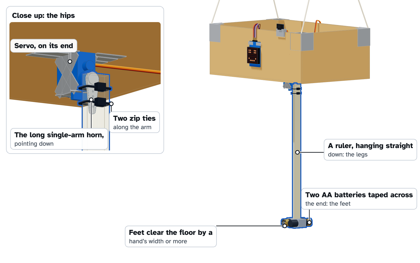 The stick zip-tied along the servo's single-arm horn, hanging straight down under the box, with two AA batteries taped across its bottom end.