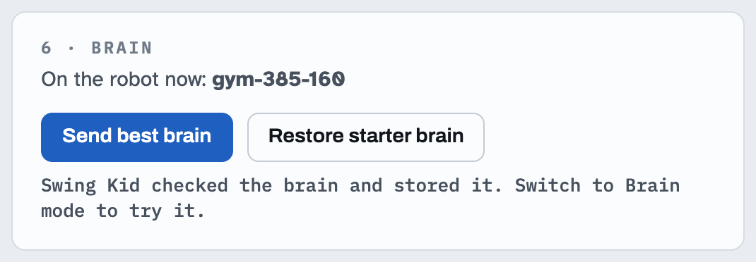 The Robot tab after sending a new brain: the brain's name and size, and a confirmation that the Arduino checked it.