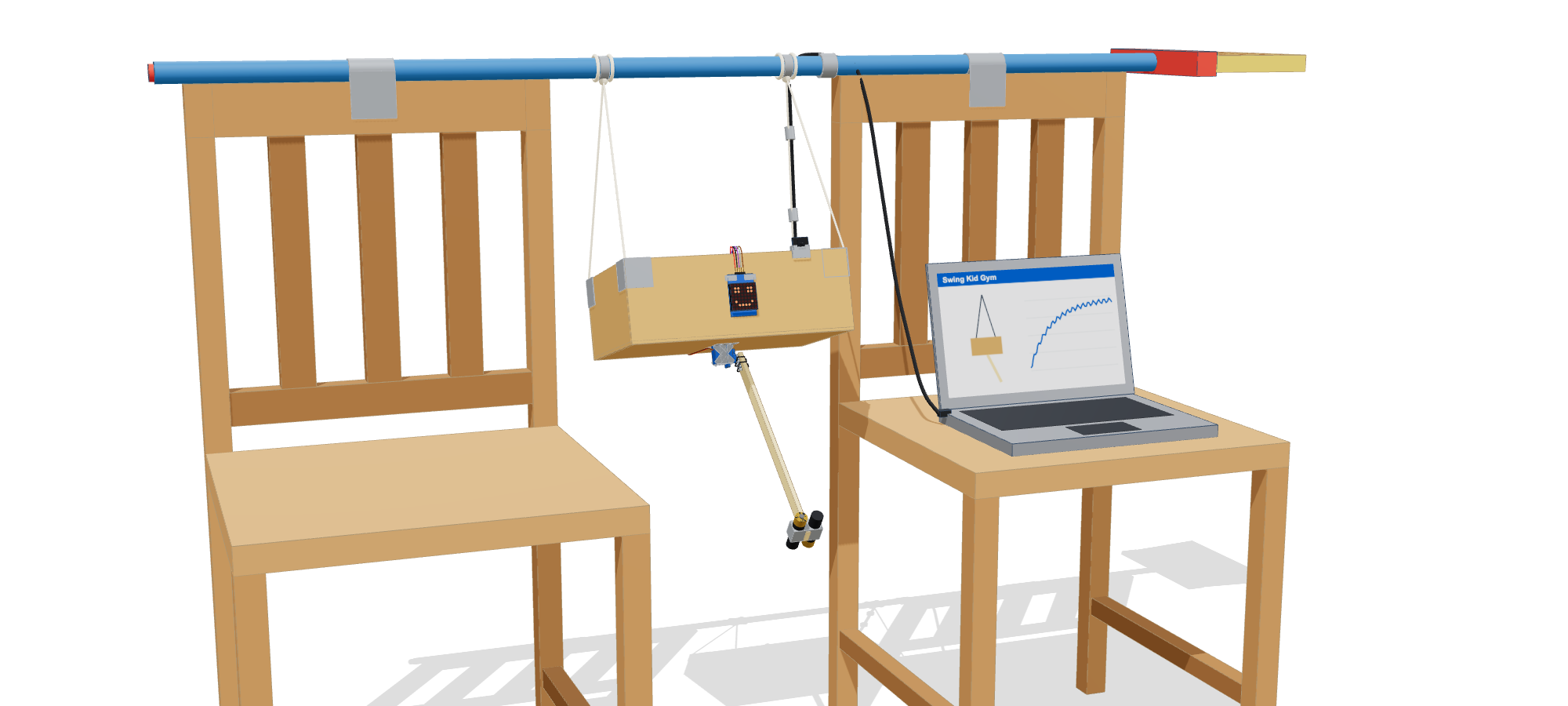The finished Swing Kid: a shoebox with an LED face hanging on two string Vs from a broom laid across two chairs, with a ruler-like stick for legs and AA batteries for feet.